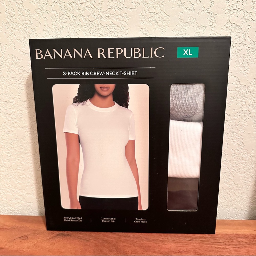 Banana Republic Women's 3-Pack Rib Crew-Neck T-Shirts - White, Gray, Black (XL)